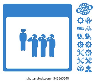 Army Squad Calendar Page icon with bonus tools pictures. Vector illustration style is flat iconic symbols, cobalt, white background.