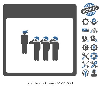 Army Squad Calendar Page pictograph with bonus settings graphic icons. Vector illustration style is flat iconic symbols, cobalt and gray, white background.