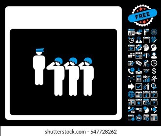 Army Squad Calendar Page pictograph with bonus calendar and time management design elements. Vector illustration style is flat iconic symbols, blue and white, black background.