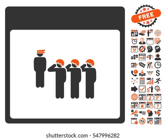 Army Squad Calendar Page pictograph with bonus calendar and time management symbols. Vector illustration style is flat iconic symbols, orange and gray, white background.