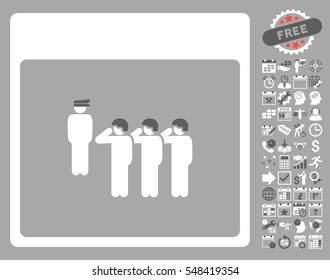 Army Squad Calendar Page pictograph with bonus calendar and time management icon set. Vector illustration style is flat iconic symbols, dark gray and white, silver background.