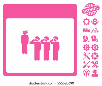 Army Squad Calendar Page pictograph with bonus tools symbols. Vector illustration style is flat iconic symbols, pink, white background.