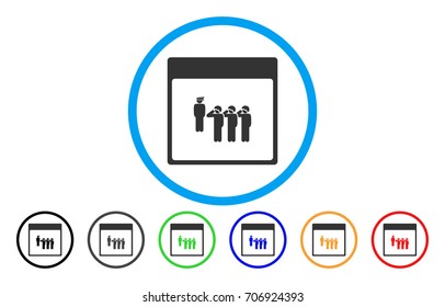 Army Squad Calendar Page vector rounded icon. Image style is a flat gray icon symbol inside a blue circle. Bonus color versions are gray, black, blue, green, red, orange.