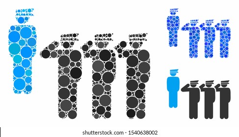 Army squad composition of round dots in various sizes and color tinges, based on army squad icon. Vector round dots are grouped into blue mosaic. Dotted army squad icon in usual and blue versions.