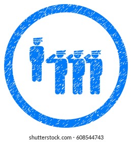 Army Squad grainy textured icon inside circle for overlay watermark stamps. Flat symbol with dirty texture. Circled dotted vector blue ink rubber seal stamp with grunge design on a white background.