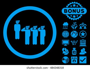 Army Squad icon with bonus design elements. Vector illustration style is flat iconic symbols, blue color, black background.