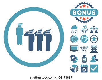 Army Squad icon with bonus design elements. Vector illustration style is flat iconic bicolor symbols, cyan and blue colors, white background.