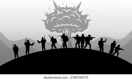 army squad observing powerful atomic blast and smoke clouds during war conflict