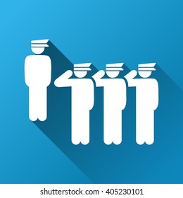 Army Squad Parade vector toolbar icon for software design. Style is a white symbol on a square blue background with gradient long shadow.