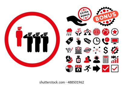 Army Squad pictograph with bonus clip art. Vector illustration style is flat iconic bicolor symbols, intensive red and black colors, white background.