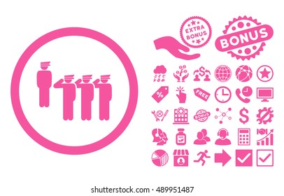 Army Squad pictograph with bonus symbols. Vector illustration style is flat iconic symbols, pink color, white background.