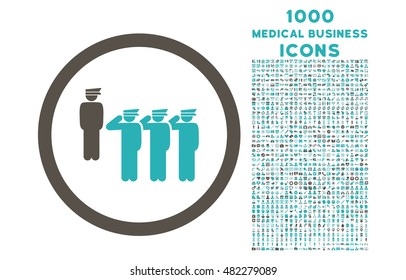 Army Squad rounded vector bicolor icon with 1000 medical business icons. Set style is flat pictograms, grey and cyan colors, white background.