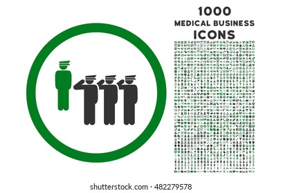 Army Squad rounded vector bicolor icon with 1000 medical business icons. Set style is flat pictograms, green and gray colors, white background.