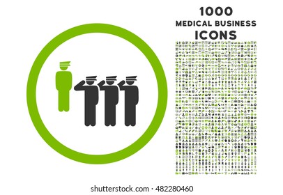 Army Squad rounded vector bicolor icon with 1000 medical business icons. Set style is flat pictograms, eco green and gray colors, white background.