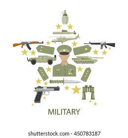 Army star composition with officer in center shoulder straps military vehicles ammunition and inscription vector illustration 