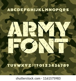 Army stencil alphabet font. Grunge bold letters and numbers on military camo background. Vector typeset for your design.