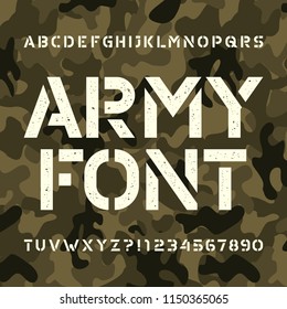 Army stencil alphabet font. Messy type letters and numbers on green camo background. Vector typeface for your design.