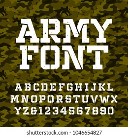 Army stencil alphabet font. Type letters and numbers on a green camo seamless  background. Vector military typeface for your design.