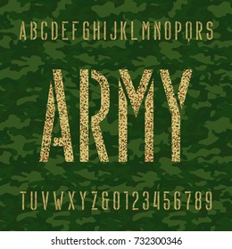 Army stencil alphabet font. Type letters and numbers on a green camo seamless  background. Stock vector typeface for your headers and any typography design.