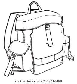 Army surplus single clip backpack flat sketch vector illustration technical cad drawing template