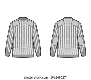 Army Sweater technical fashion illustration with rib crew V-neck, long sleeves, oversized, hip length, knit cuff trim. Flat jumper apparel front, back, grey color style. Women, men unisex CAD mockup