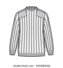 Army Sweater technical fashion illustration with rib crew V-neck, long sleeves, oversized, hip length, knit cuff trim. Flat jumper apparel front, white color style. Women, men unisex CAD mockup