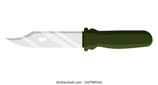 Army tactical bayonet knife with green handle. Touristic equipment for camping and tourism. Military concept for army, soldiers and war. Vector cartoon isolated illustration.