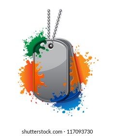 Army tags with chain and paintball splatter