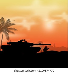 Fondo del tanque del ejército al atardecer. Silhouette de soldado militar y tanque con fondo de puesta de sol.