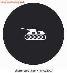 Army tank web icon. Gray circle button with white illustration.