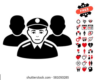 Army Team icon with bonus marriage images. Vector illustration style is flat iconic intensive red and black symbols on white background.
