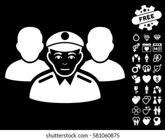 Army Team icon with bonus passion pictograph collection. Vector illustration style is flat iconic white symbols on black background.