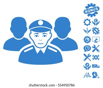 Army Team icon with bonus setup tools clip art. Vector illustration style is flat iconic cobalt symbols on white background.