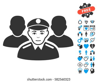Army Team pictograph with bonus decorative images. Vector illustration style is flat iconic blue and gray symbols on white background.