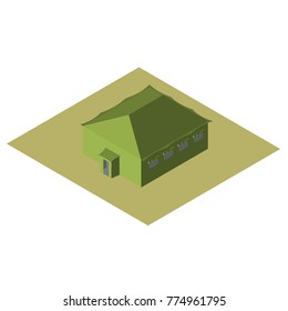 Army Tent Big. Fabric Tarp Green. With Windows And A Door. Isometric 3D