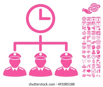 Army Time Plan icon with bonus calendar and time management symbols. Vector illustration style is flat iconic symbols, pink color, white background.