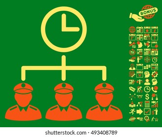 Army Time Plan icon with bonus calendar and time management graphic icons. Vector illustration style is flat iconic bicolor symbols, orange and yellow colors, green background.