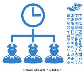 Army Time Plan pictograph with bonus calendar and time management design elements. Vector illustration style is flat iconic symbols, cobalt color, white background.