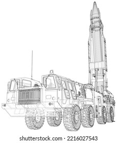 Army Tractor With A Rocket. Medium Range Ballistic Missile. Incendiary, Thermobaric, Strategic Nuclear Weapon. Vector Created Of 3d.