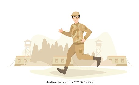 Army Training, Military Training. Solider Running. Physical Training In The Military Camp, Base. Fight Technique. Flat Vector Illustration.