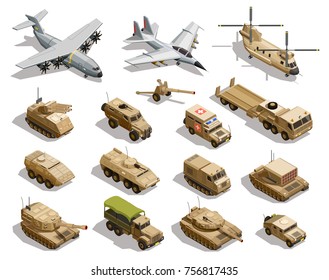 Army Transport Isometric Icons Collection With Cargo Aircraft Helicopter Fleet Fighter Tanks Military Vehicles Isolated Vector Illustration    