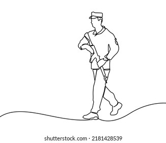 Army With Uniform. Continuous One Line Drawing. Vector Illustration Minimalism Design. Continuous One Line Drawing Of Soldier And Veteran Saluting At Memorial Day. Linear Stylized.