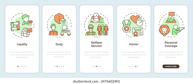 Army values onboarding mobile app screen. Military service. Walkthrough 5 steps editable graphic instructions with linear concepts. UI, UX, GUI template. Montserrat SemiBold, Regular fonts used