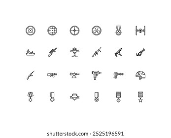 Iconos del ejército y de la guerra. línea delgada del contorno, Ilustración vectorial