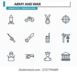 conjunto de ícones do exército e da guerra - carga de profundidade, carro do exército, medalha, tortura, coleção de vetores de esboço da agência federal.