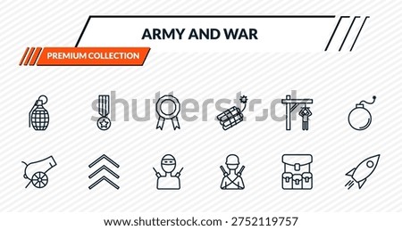 army and war icons set - granade, condecoration, in, chevrons, launcher outline vector collection.