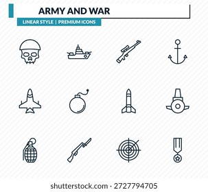 Armee- und Kriegssymbole - Totenkopf-Armee, Kriegsschiff, Scharfschützengewehr, U-Boot-Frontansicht, Veteranenumriss-Vektorsammlung.