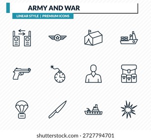Armee- und Kriegssymbole - Zwei-Wege-Radio, Luftwaffe, Militärzelt, Armee-Rucksack, explosive Umrissvektorsammlung.