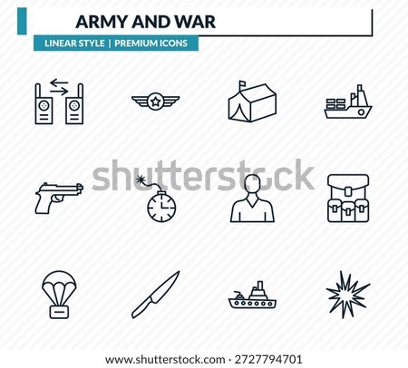 army and war icons set - two way radio, air force, militar tent, army backpack, explosive outline vector collection.