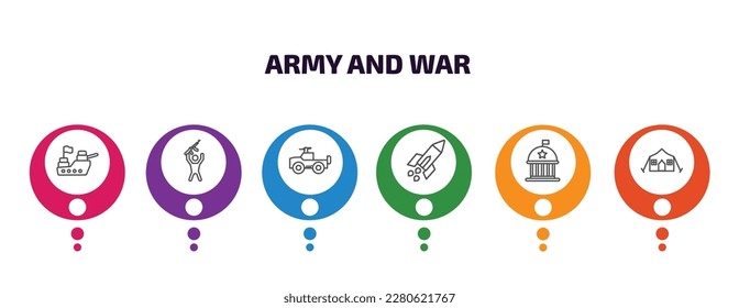 army and war infographic template with icons and 6 step or option. army and war icons such as ship, rebellion, army car, missile, federal agency, militar tent vector. can be used for banner, info